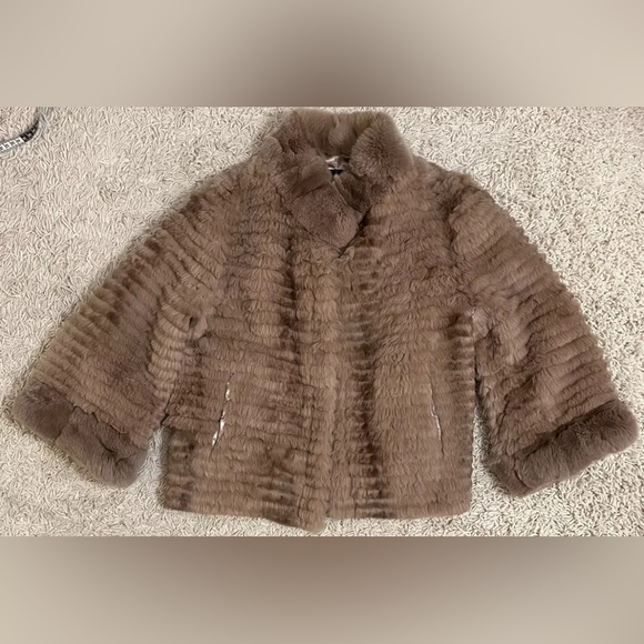 VOLARE New York taupe brown tan rabbit fur 3/4 sleeve jacket coat medium m - Picture 1 of 7